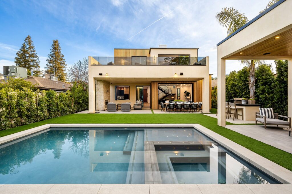 Modern luxury house with pool and outdoor seating